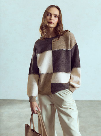 Patchwork knit sweater in brown