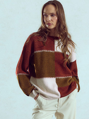Patchwork knit sweater in wine red