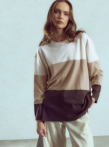 Striped sweater with side buttons in beige