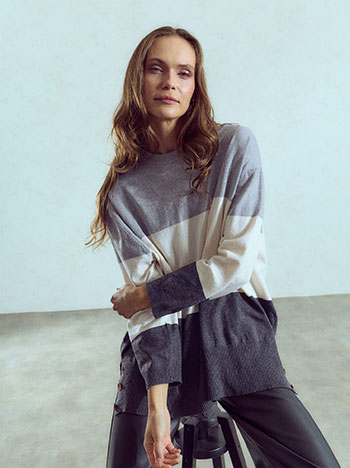 Striped sweater with side buttons in grey