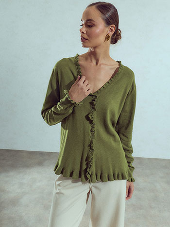 Cardigan with ruffles in khaki
