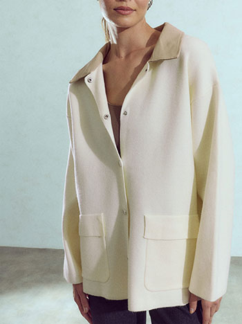 Coat with leather effect collar in light beige