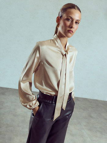 Satin top with tie in beige