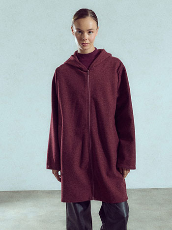 Coat with hoodie in wine red