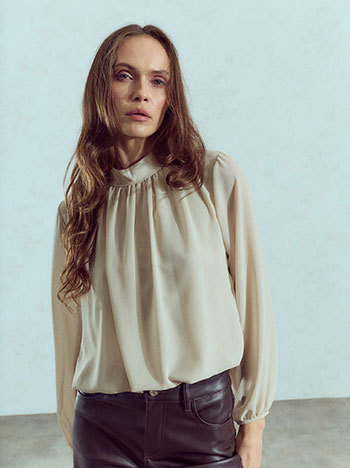 Top with semi sheer sleeves in beige