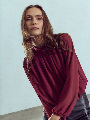 Top with semi sheer sleeves in wine red