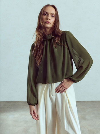 Top with semi sheer sleeves in khaki