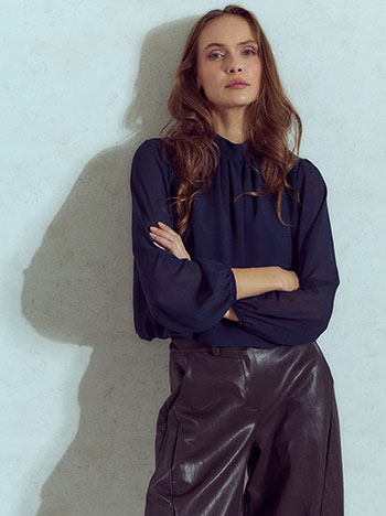 Top with semi sheer sleeves in dark blue