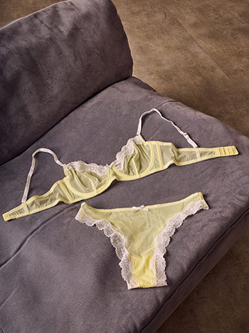 Semi-sheer lingerie set with lace in yellow