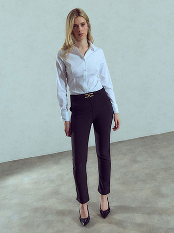 Trousers with decorative buckle in black