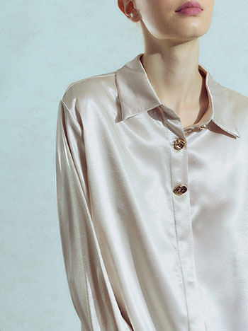 Satin shirt with embossed metal buttons in beige