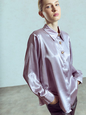 Satin shirt with embossed metal buttons in grey