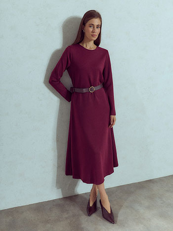 Midi dress with belt in wine red