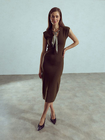 Midi dress with scarf detail in brown