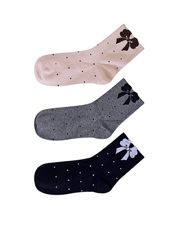 3 pack of polka dot socks with bow in black, dark grey, beige