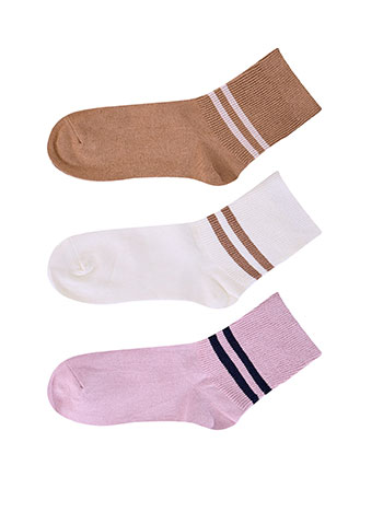 3 pack of socks with stripes in pink, brown, off white