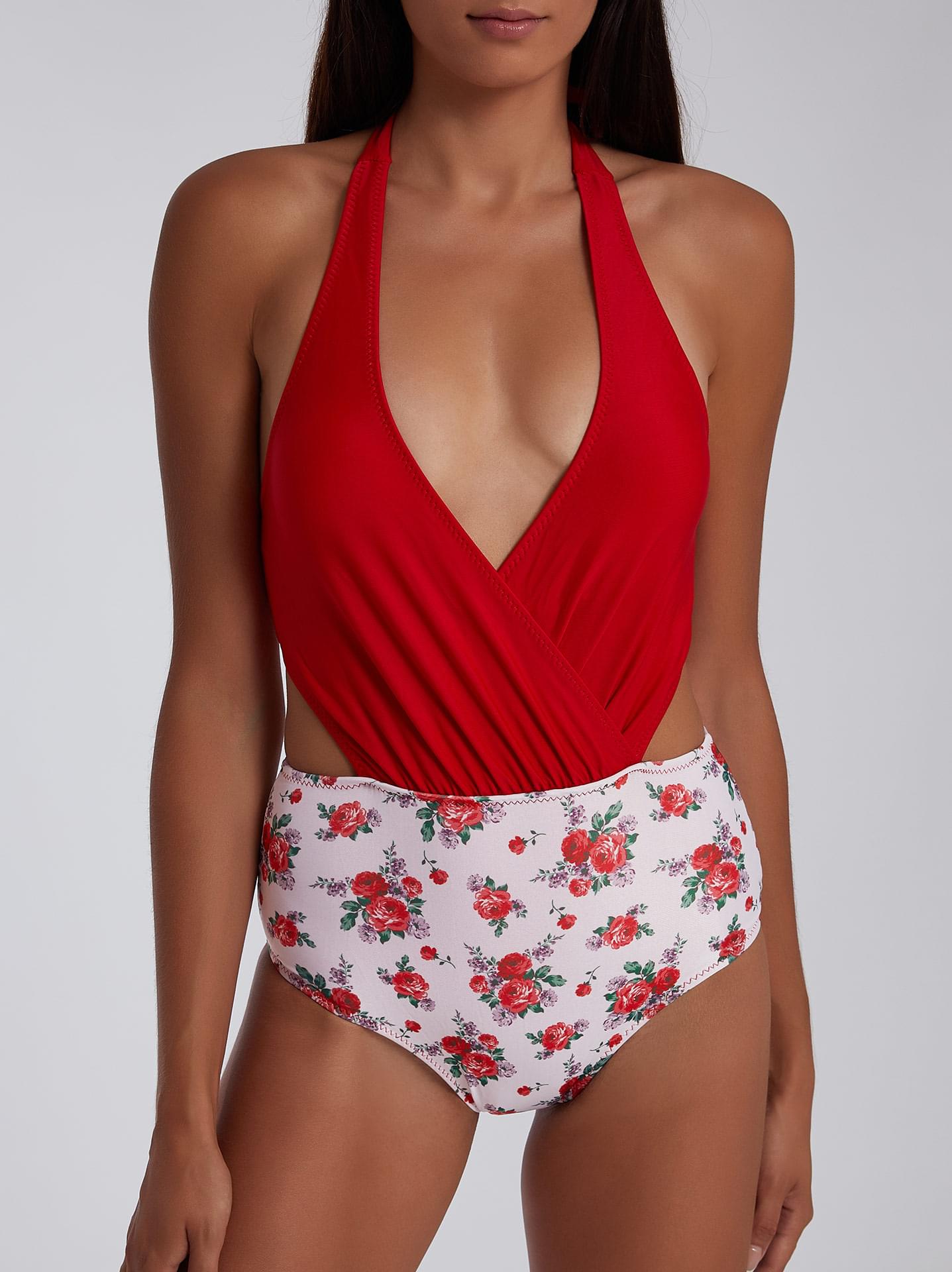 Floral One Piece Swimsuit With With Cut Out In Red White 16 40 Celestino