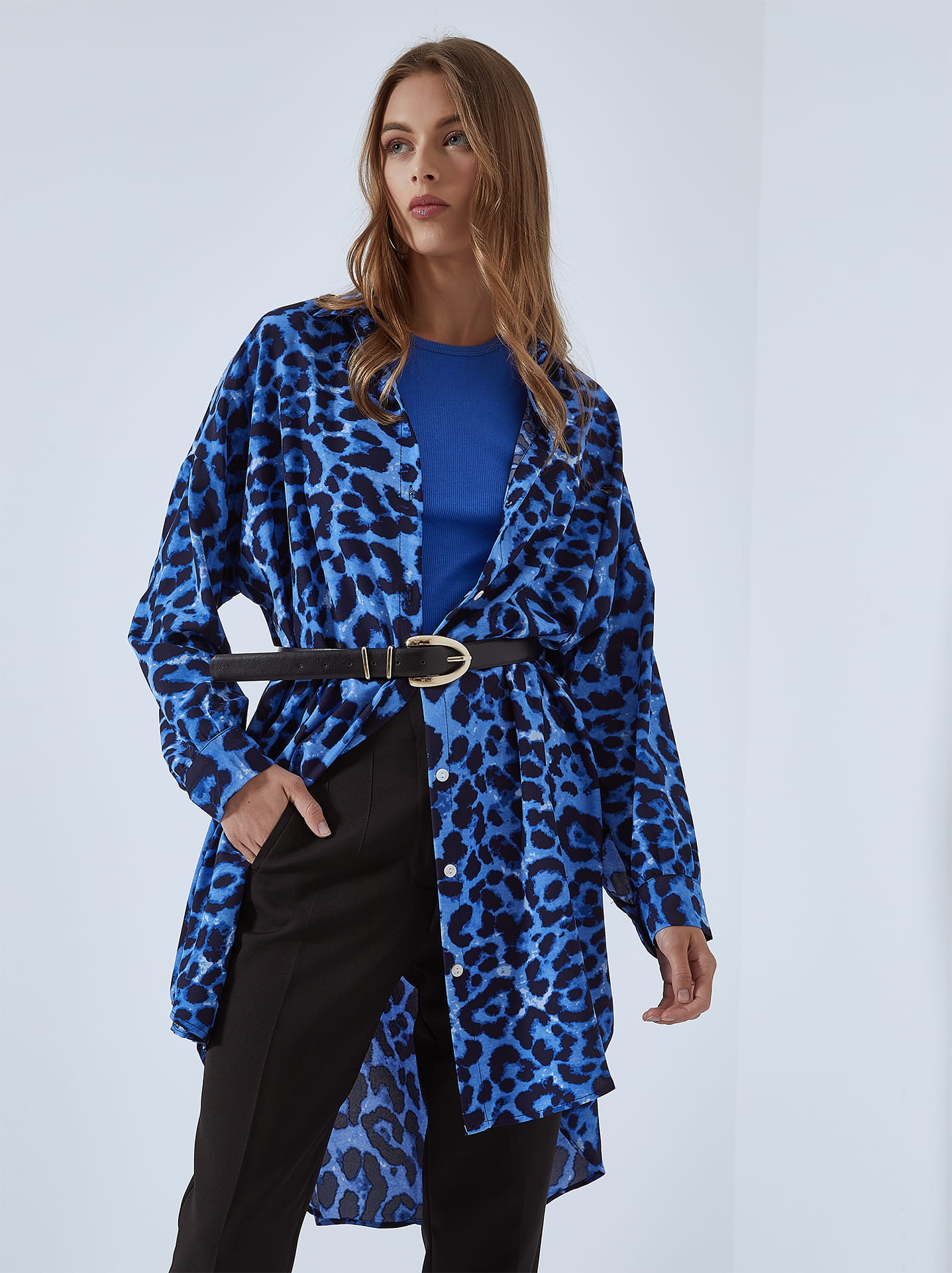 blue leopard print shirt dress Leopard Print Long Sleeve Shirt Dress with Contrast Trim Army Green / S main image 1