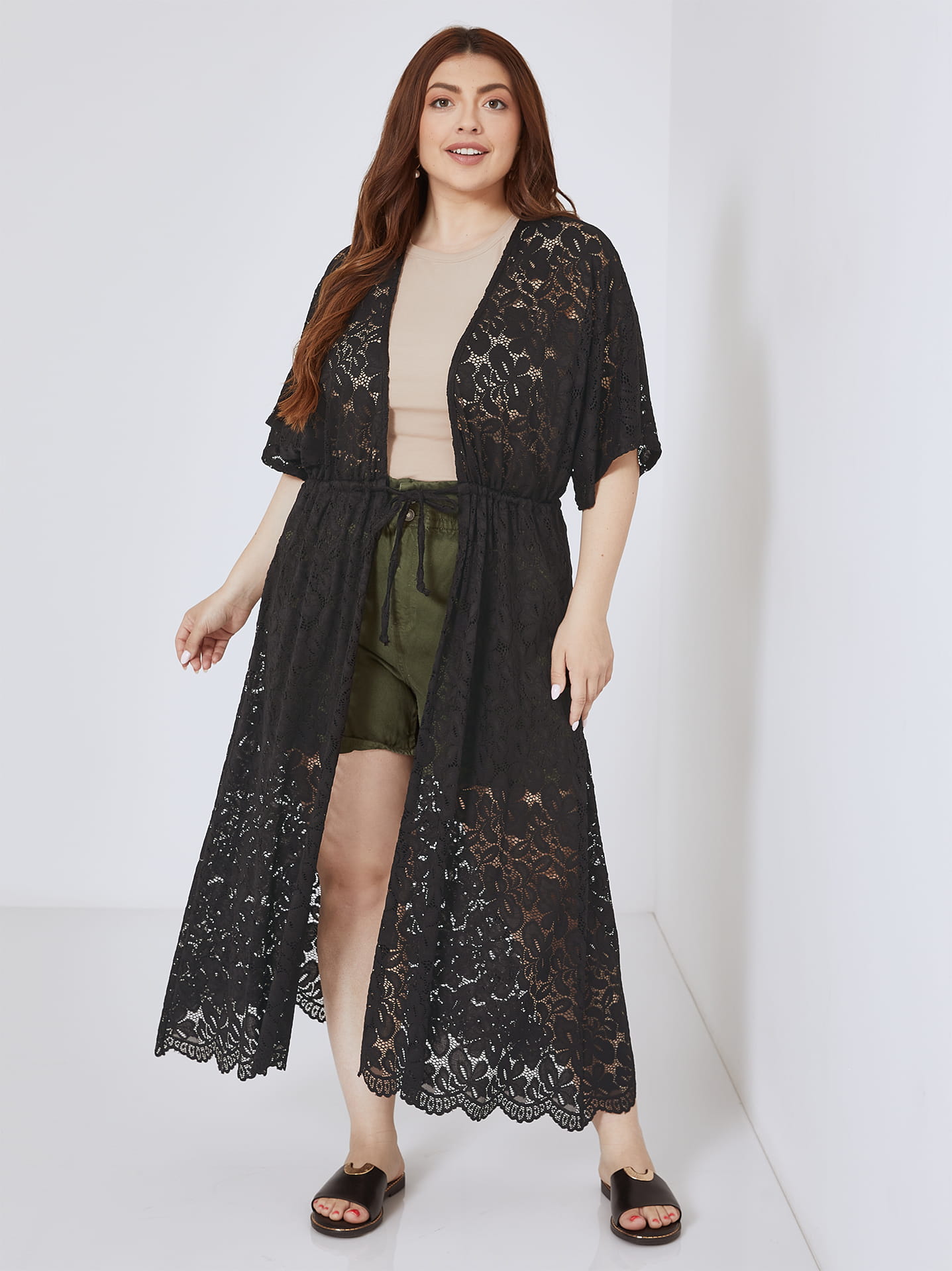 Long lace kimono curvy in black Celestino