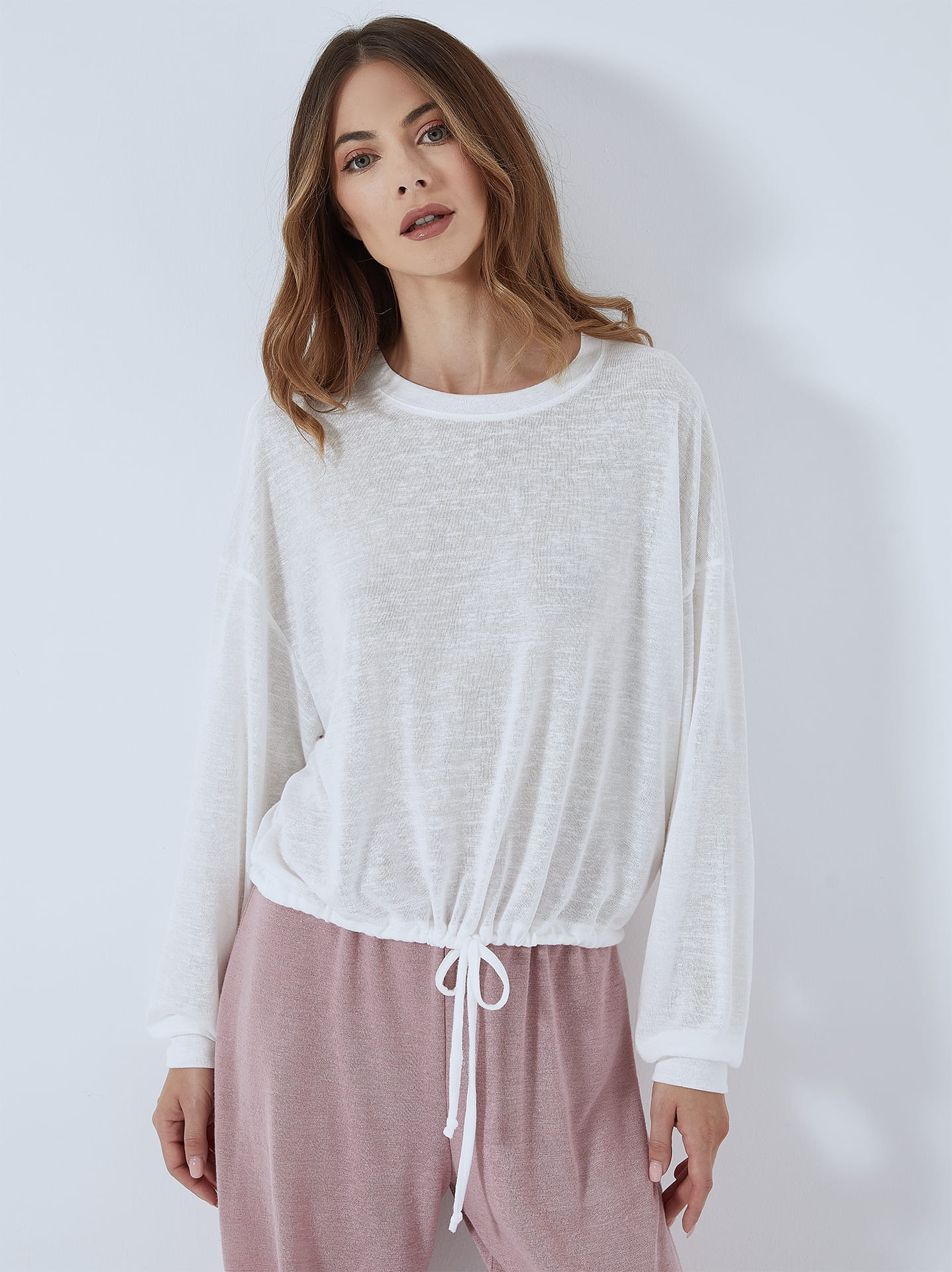 Fine knit top with cord in off white | Celestino
