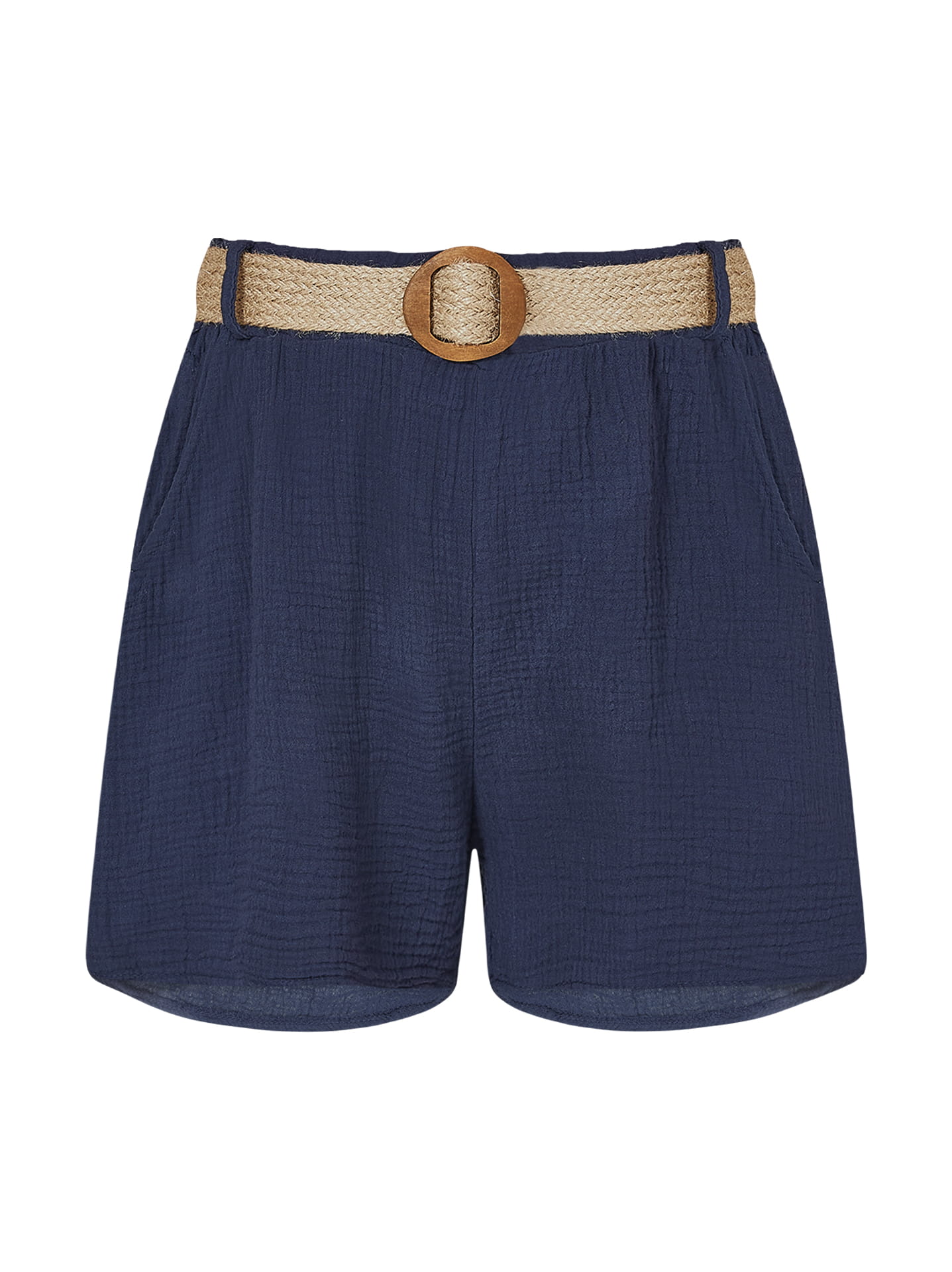 Cotton shorts with straw belt in dark blue | Celestino