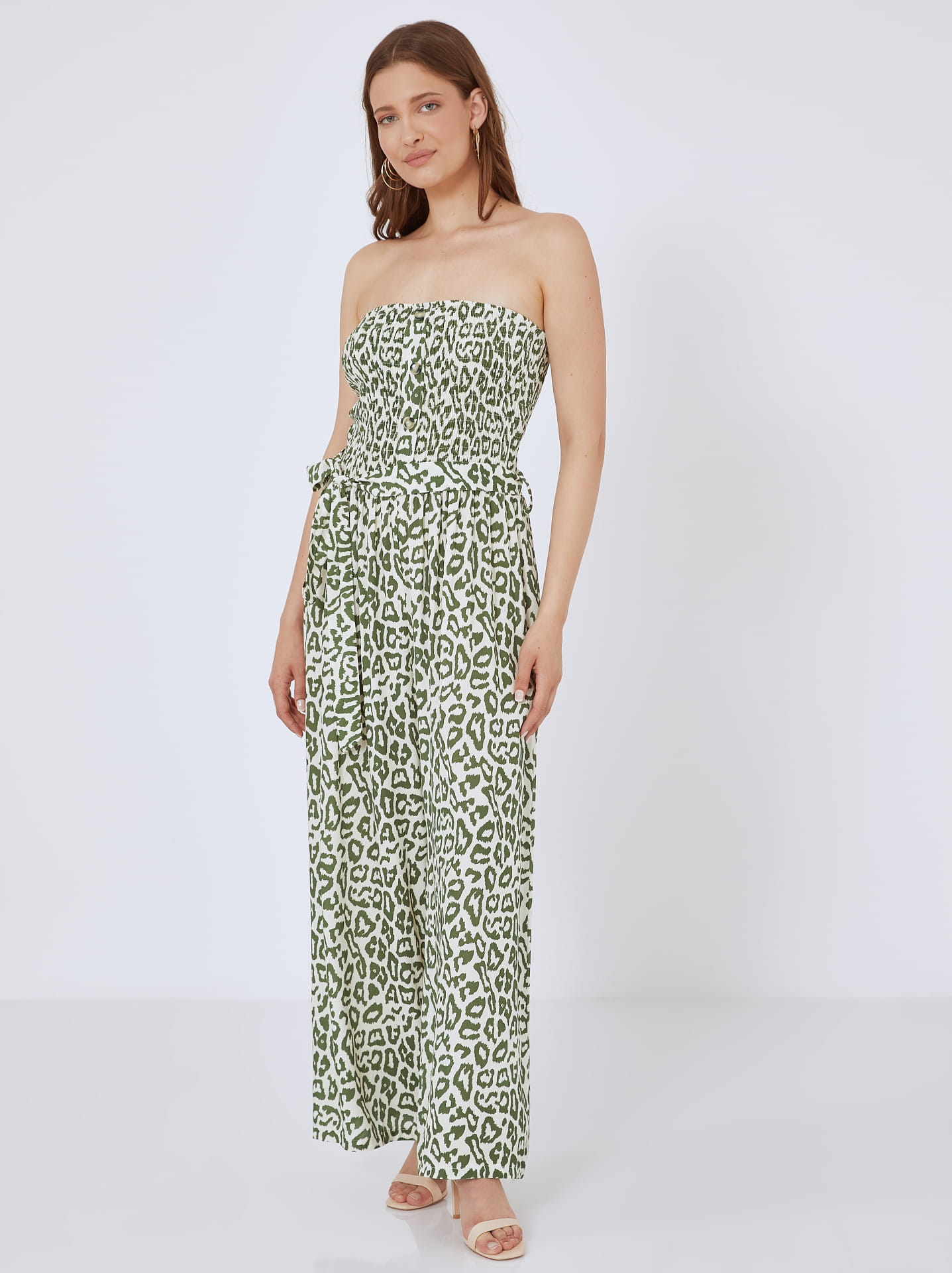 Strapless leopard jumpsuit in khaki Celestino