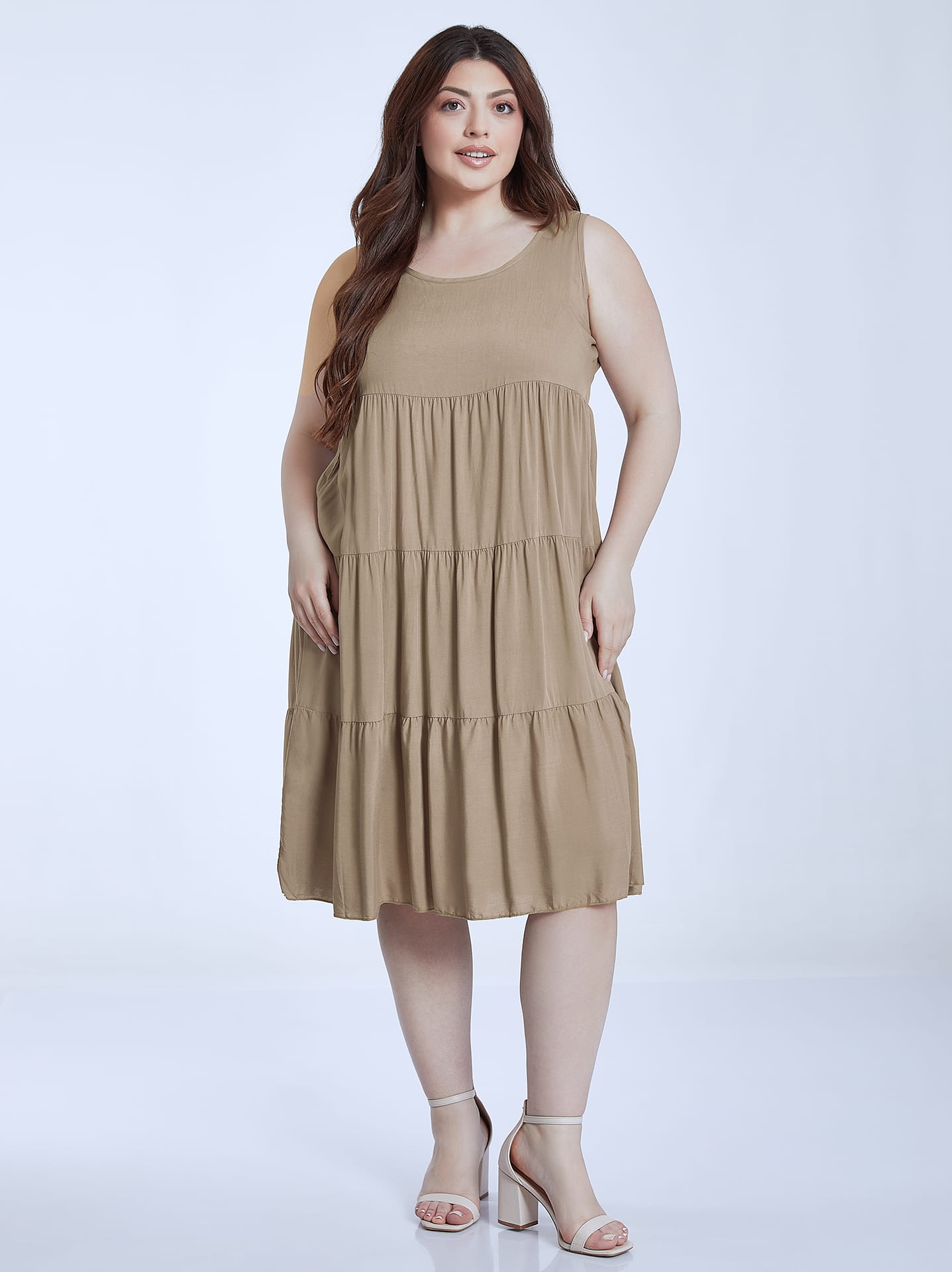 brown long sleeve dress maxi Plus Size Ruched Dress | Brown Tie Front, Daily Wear main image 0
