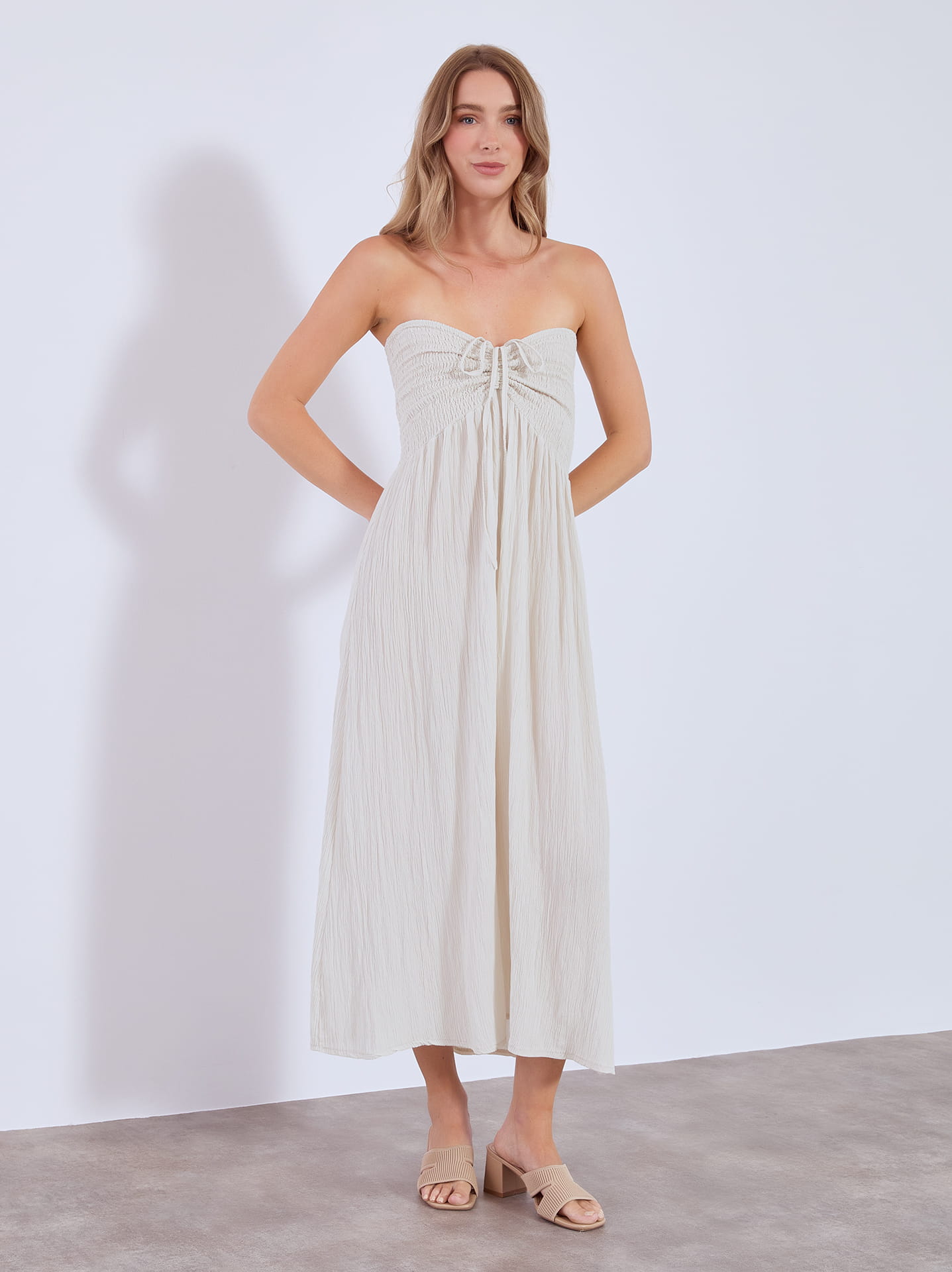Dress strapless midi with shirred details in light beige, 27.99 | Celestino