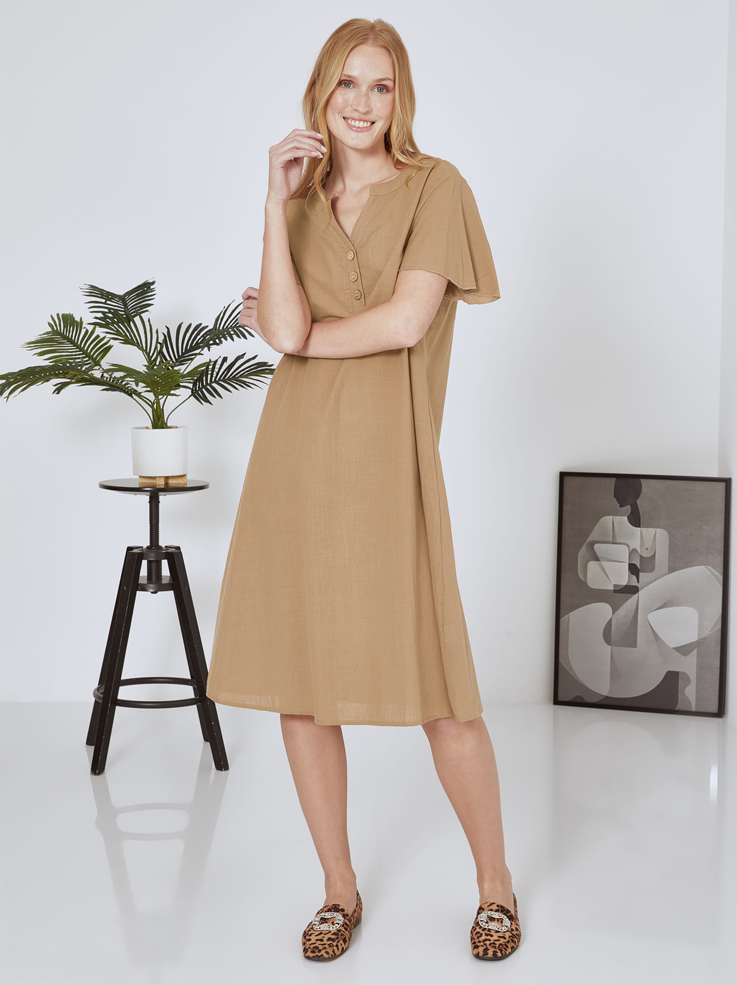 Dress midi with linen in light brown | Celestino