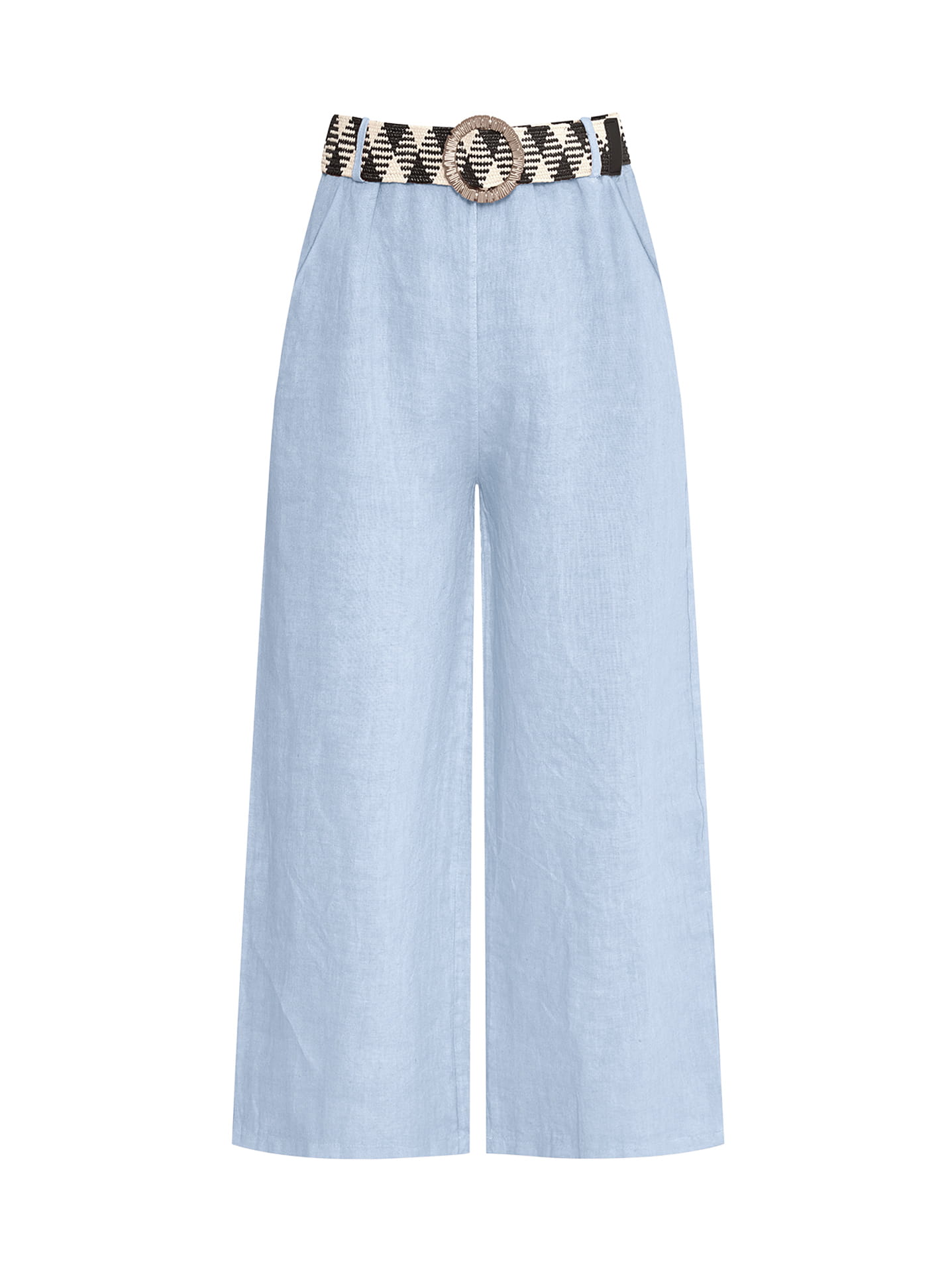 Wide leg trousers with straw belt in sky blue | Celestino