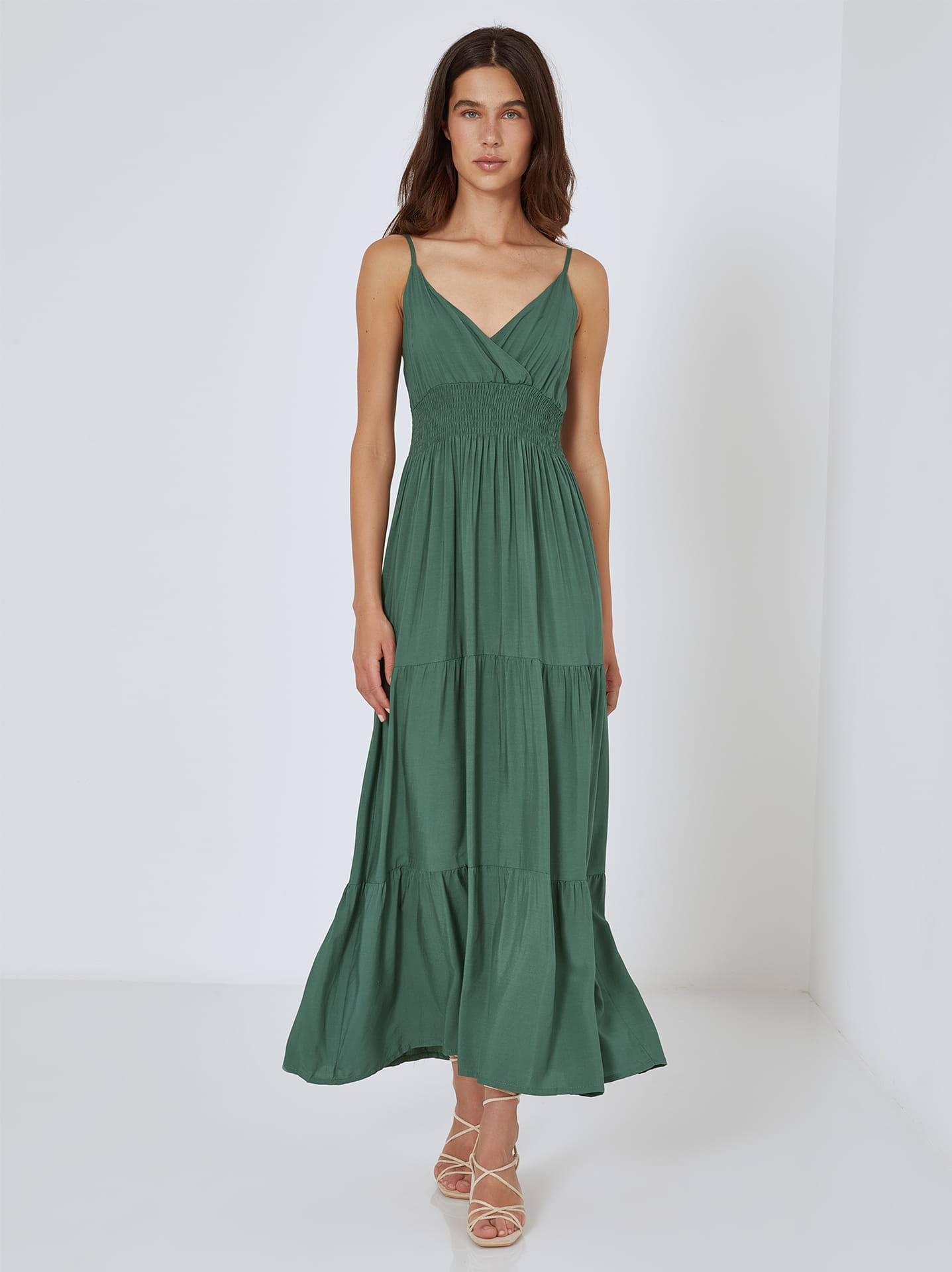 Dress cotton maxi in dark green | Celestino