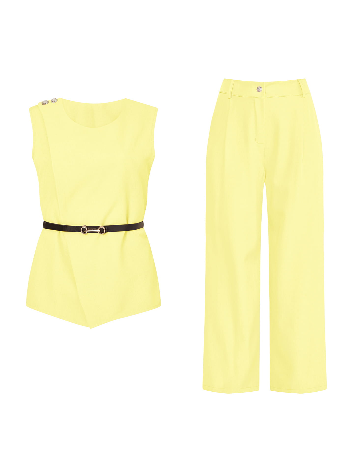 Top and wide leg trousers set with belt in light yellow
