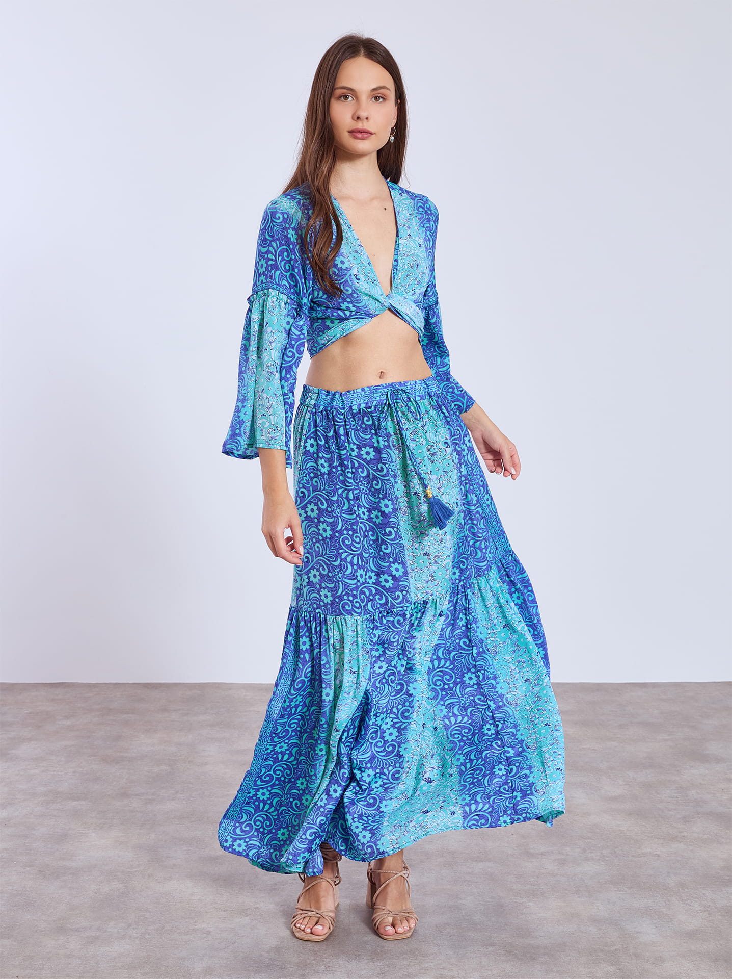 Top and maxi skirt printed set in light blue, 19.99€ | Celestino