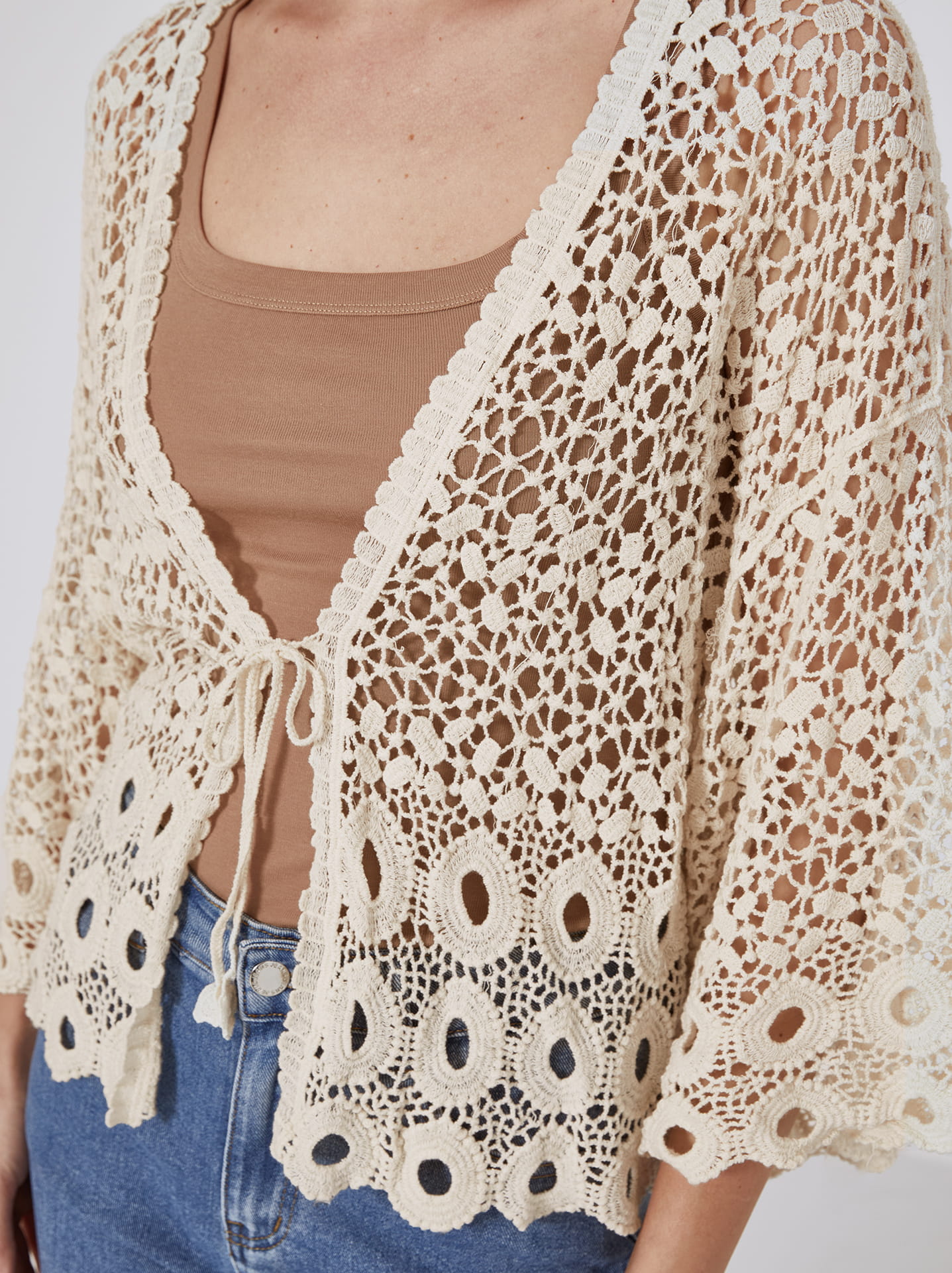 Cardigan crochet with tie in light beige, 16.99€ | Celestino