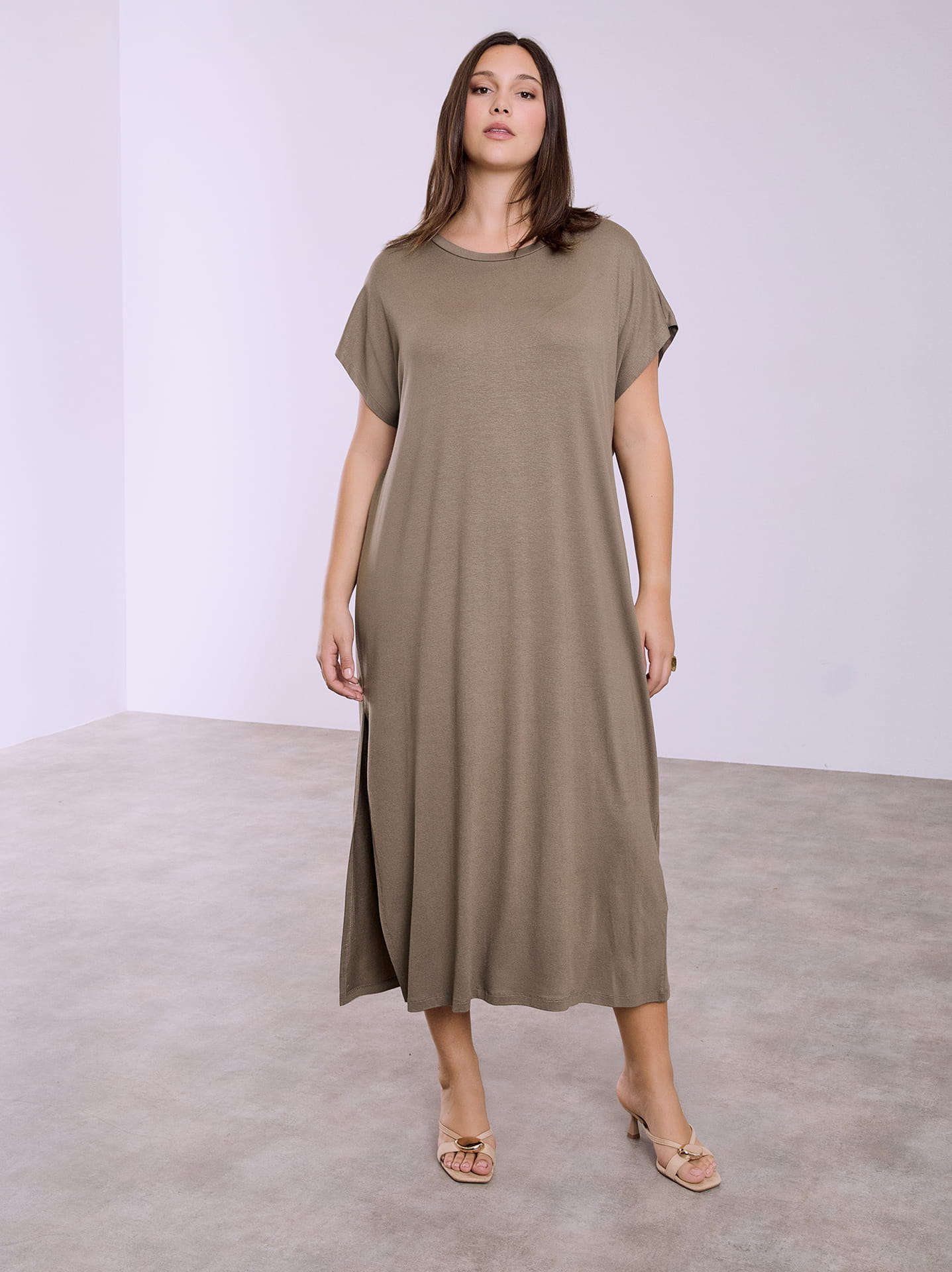 Dress maxi with side slit curvy in light brown, 16.99 | Celestino