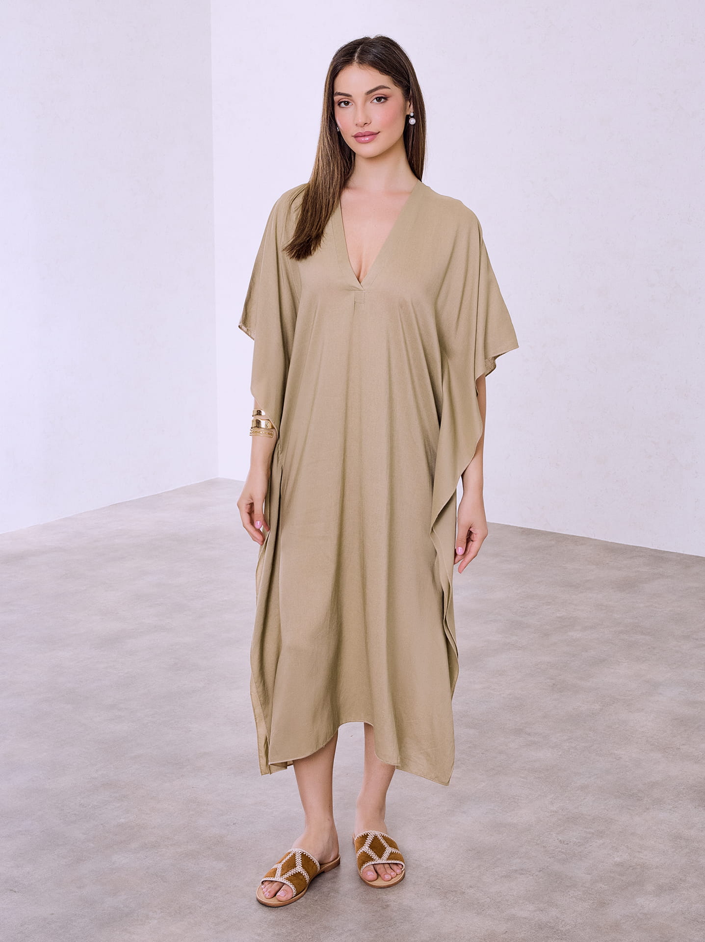 beige dress fashion nova Petra Kaftan Dress- Oyster S/M / Oyster main image 0