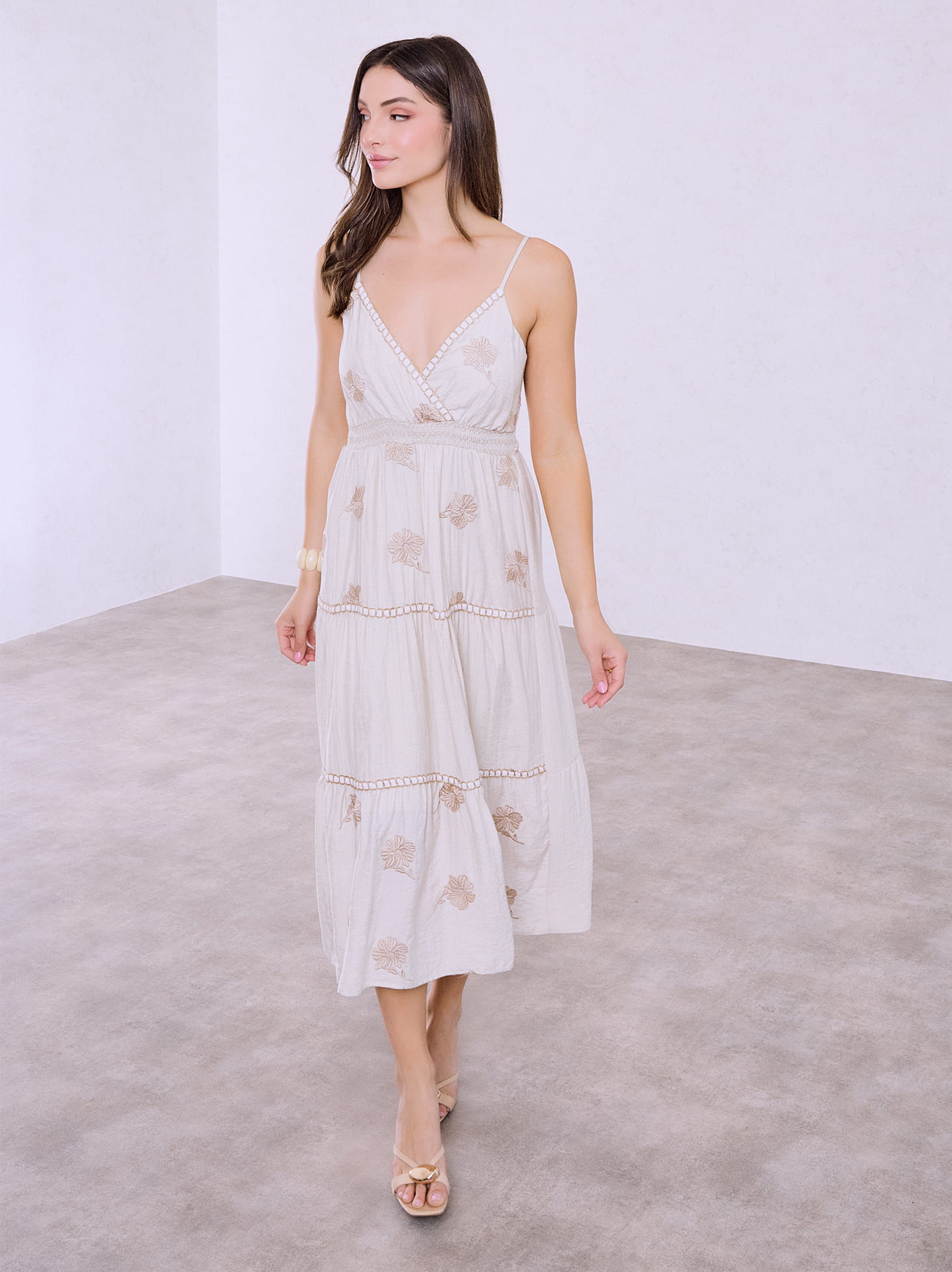Embroidered strappy dress in light beige, 34.99 | Celestino