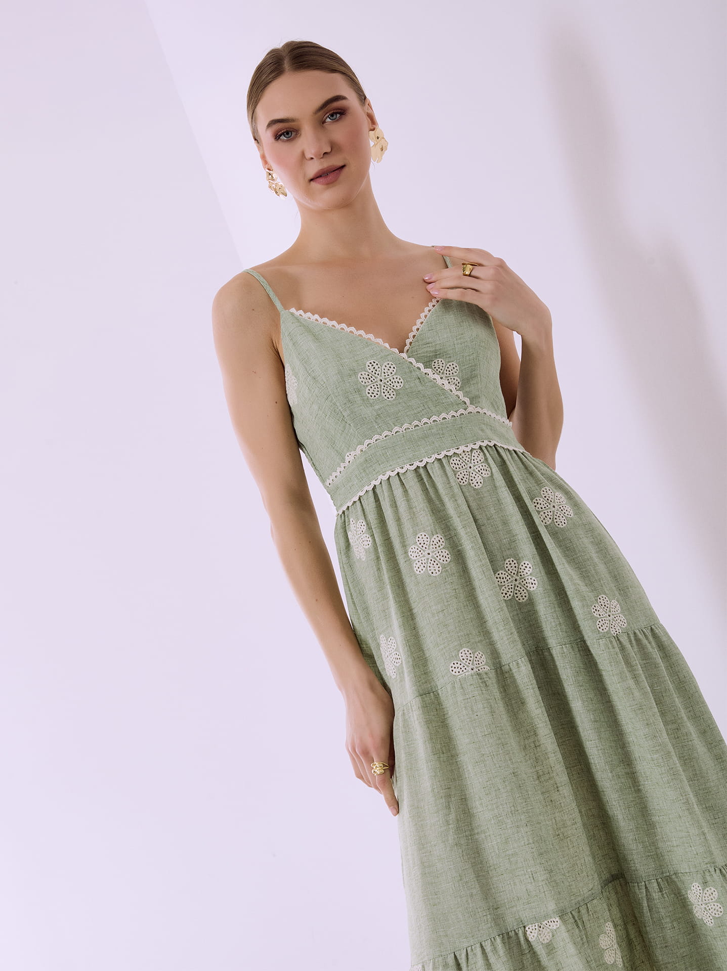 Maxi wrap front dress with linen in olive green, 29.99 | Celestino