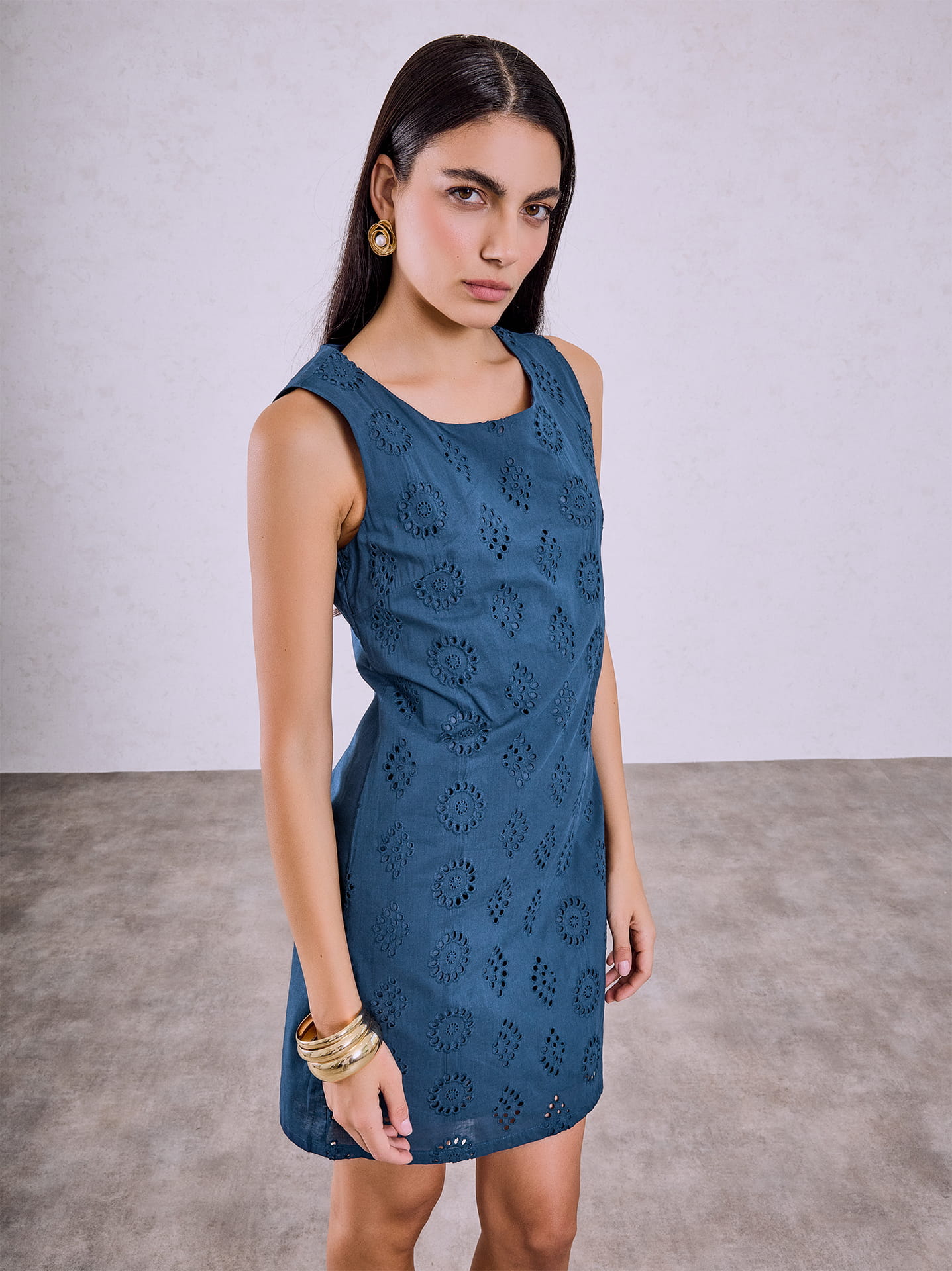 Midi dress with broderie anglaise details in dark blue