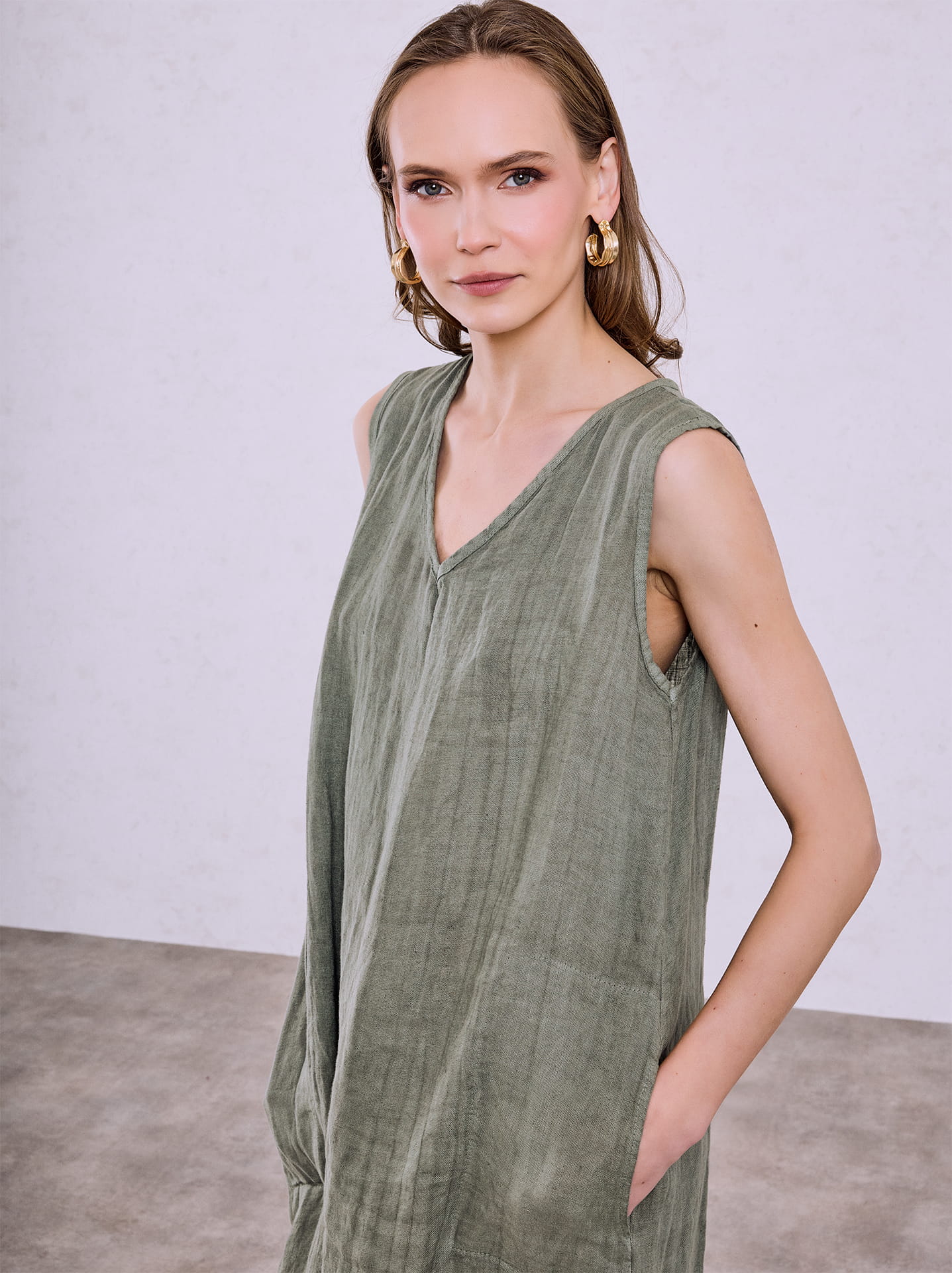knee length dresses for ladies Blue Melange Loose Linen Maxi Dress from NikkaPlace main image 1