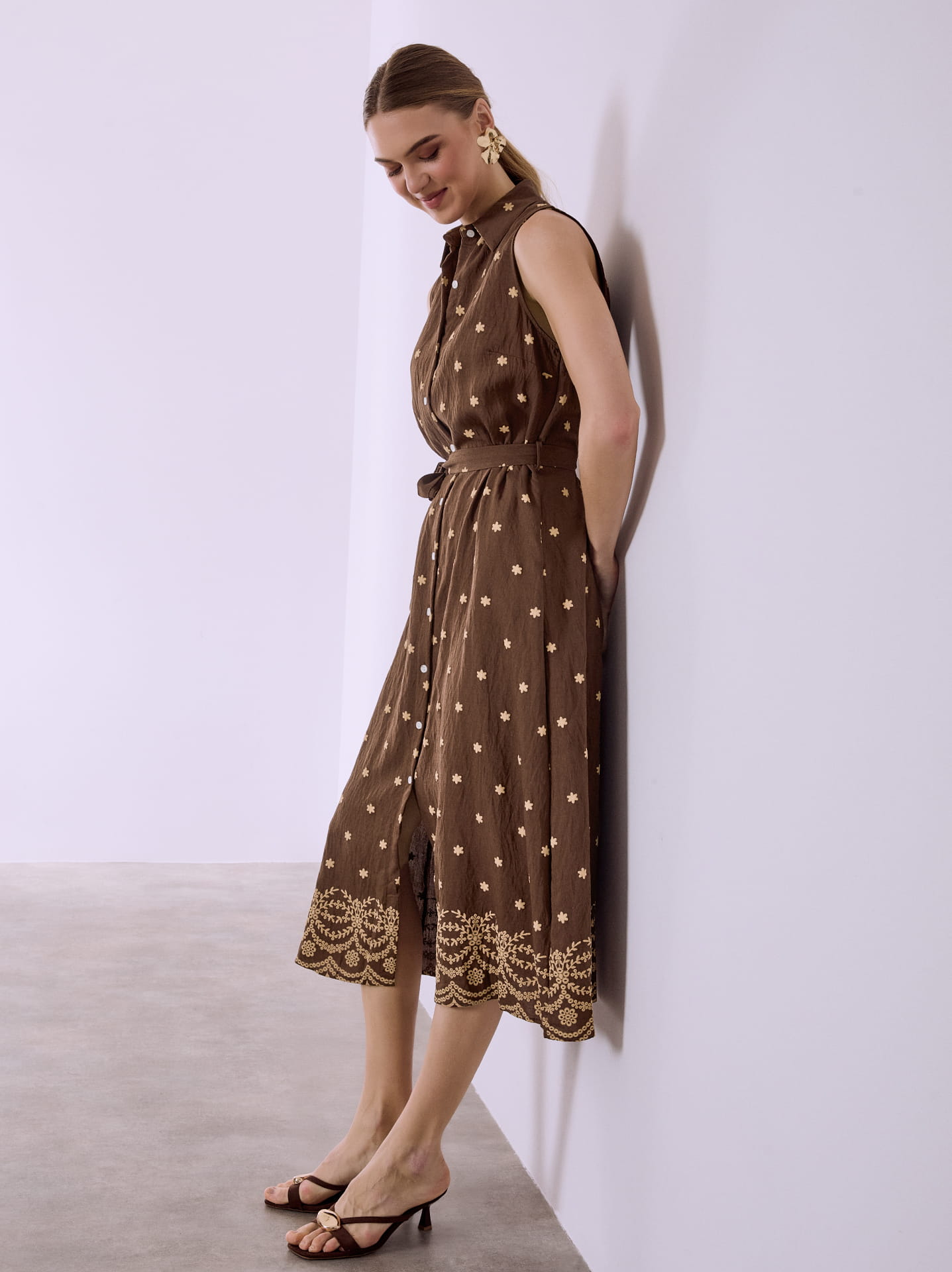 brown broderie dress Brown Embroidered Bow Babydoll Dress