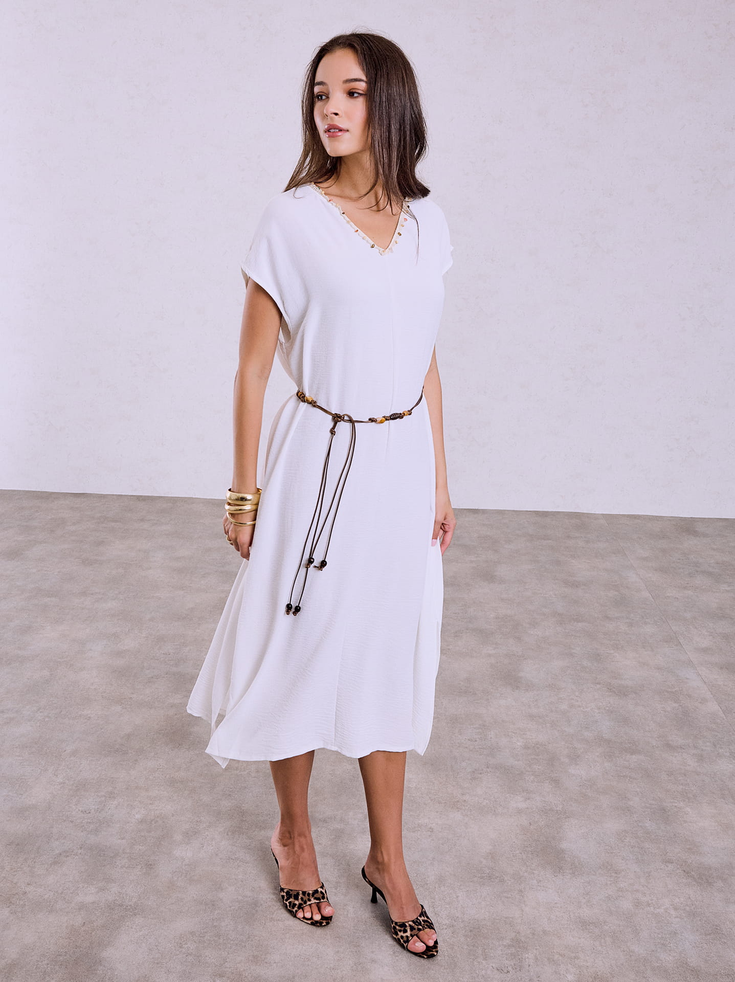 Dress with detachable cord belt in white, 19.99€ | Celestino