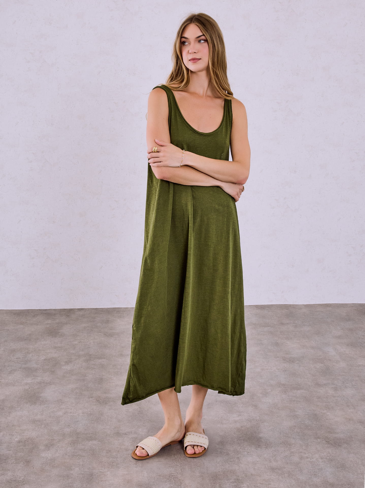 Maxi cotton dress in olive green, 14.99 | Celestino