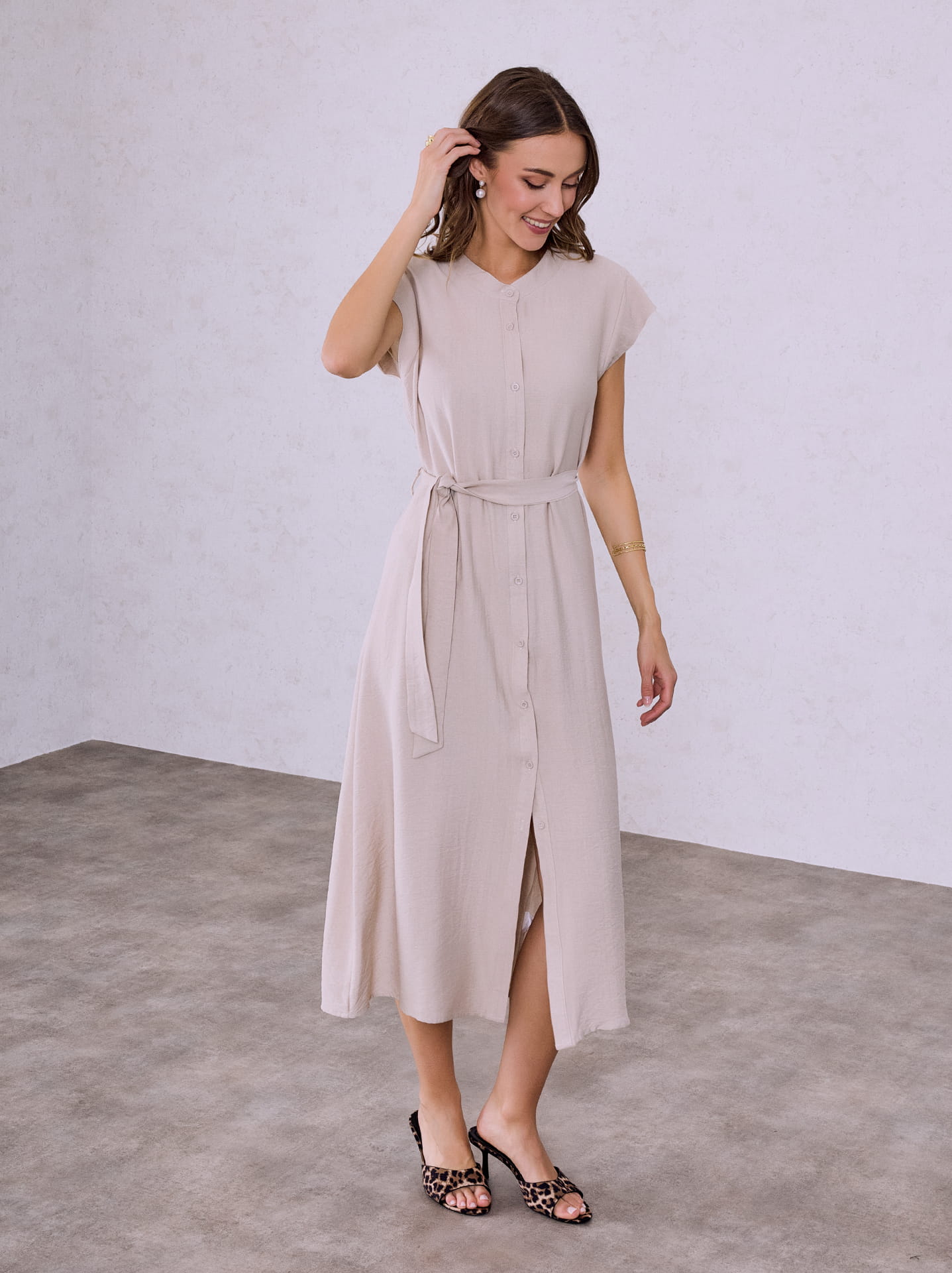 beige midi shirt dress Lightweight Chambray Pullover Shirt Dress main image 1