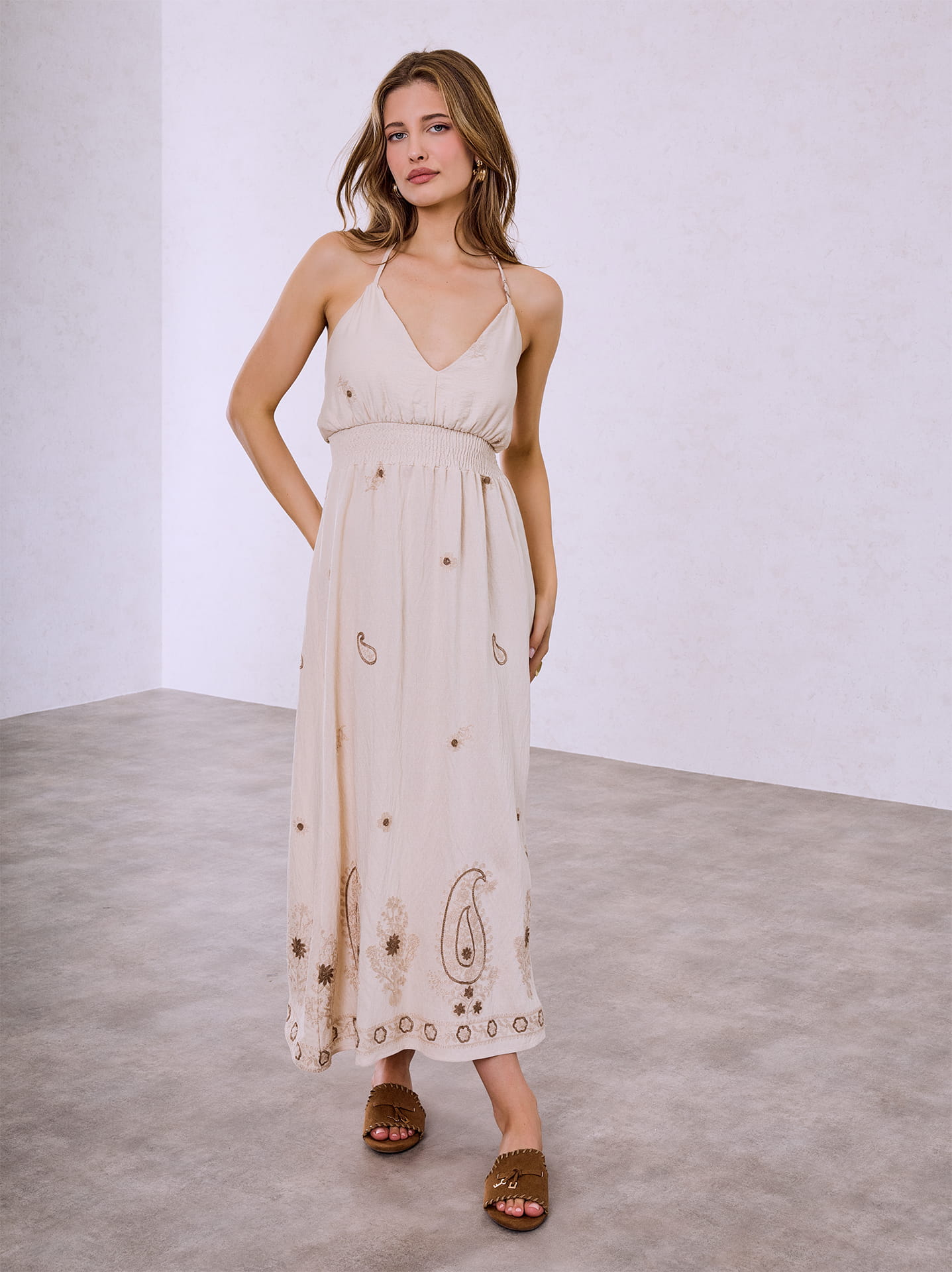 beige halter neck dress Beige Silky Halter Maxi Rani Dress XL main image 1
