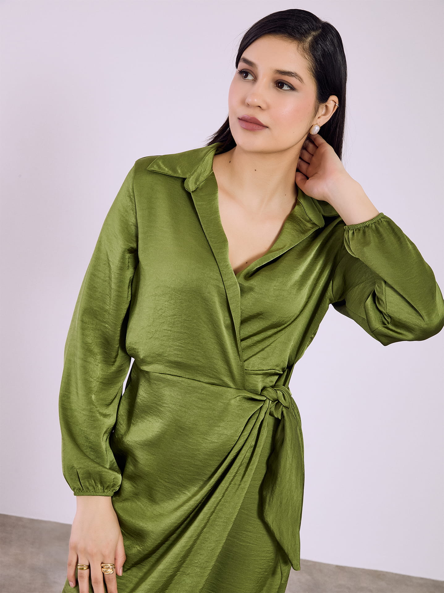 Dress midi wrap front satin in olive green, 9.99 | Celestino