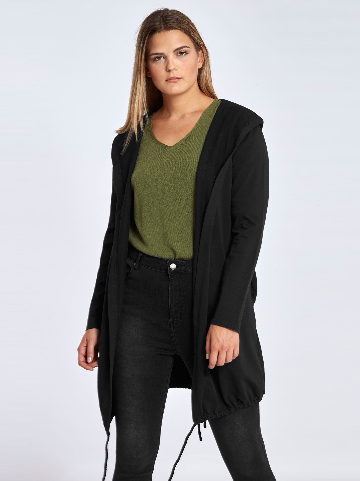 Plus size hooded sweatshirt cardigan curvy in black Celestino