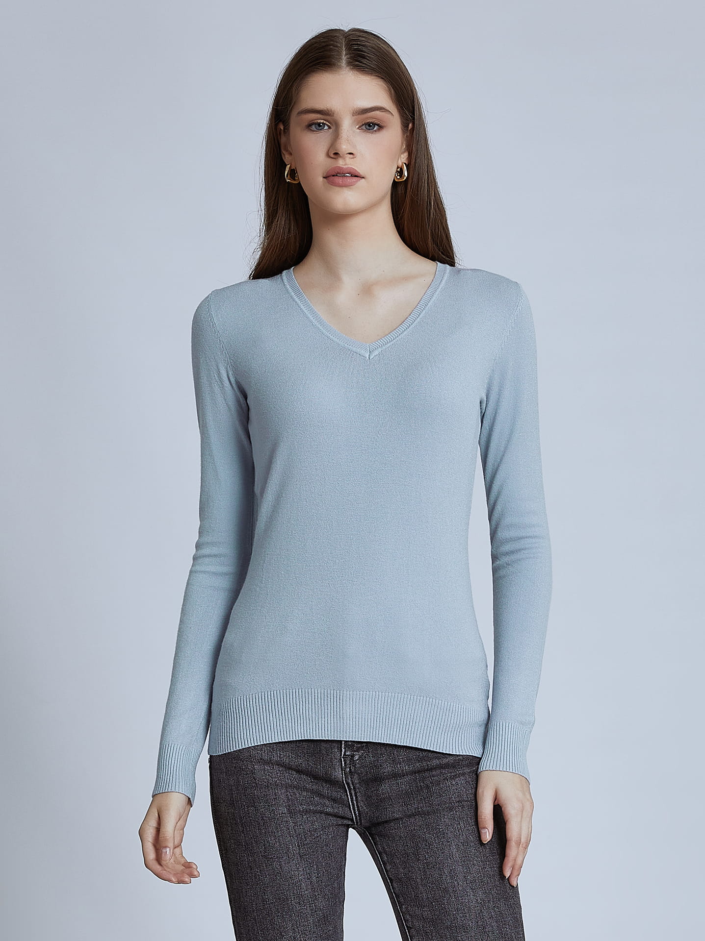 Light Blue V-Neck Sweater For Women