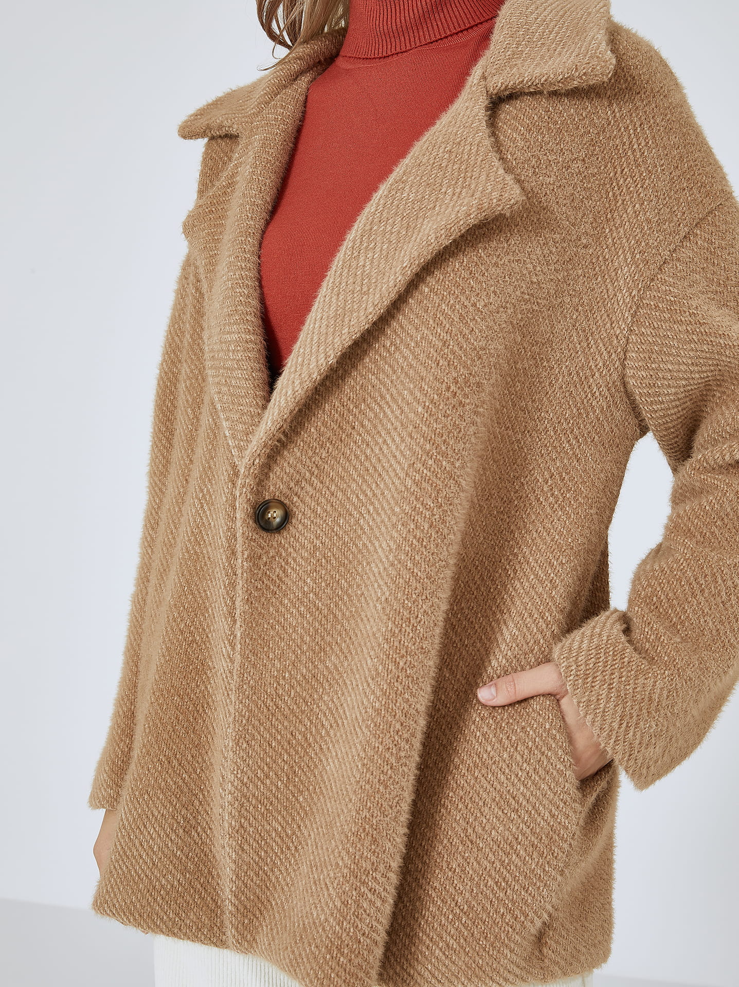 Fluffy camel coat best sale