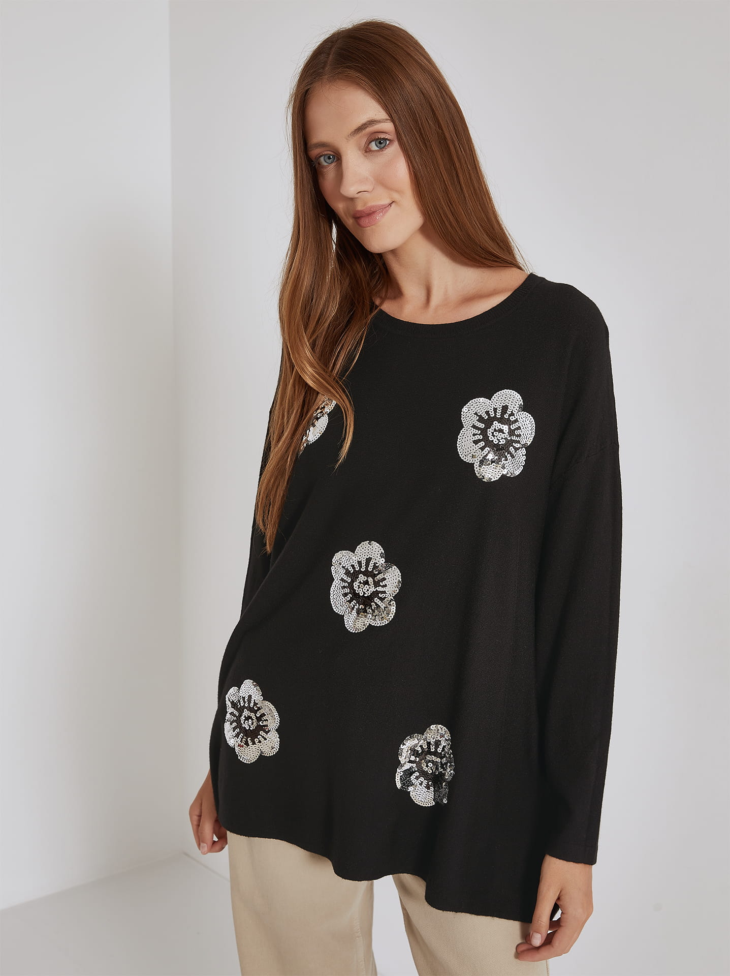 Black sweater with flowers hotsell